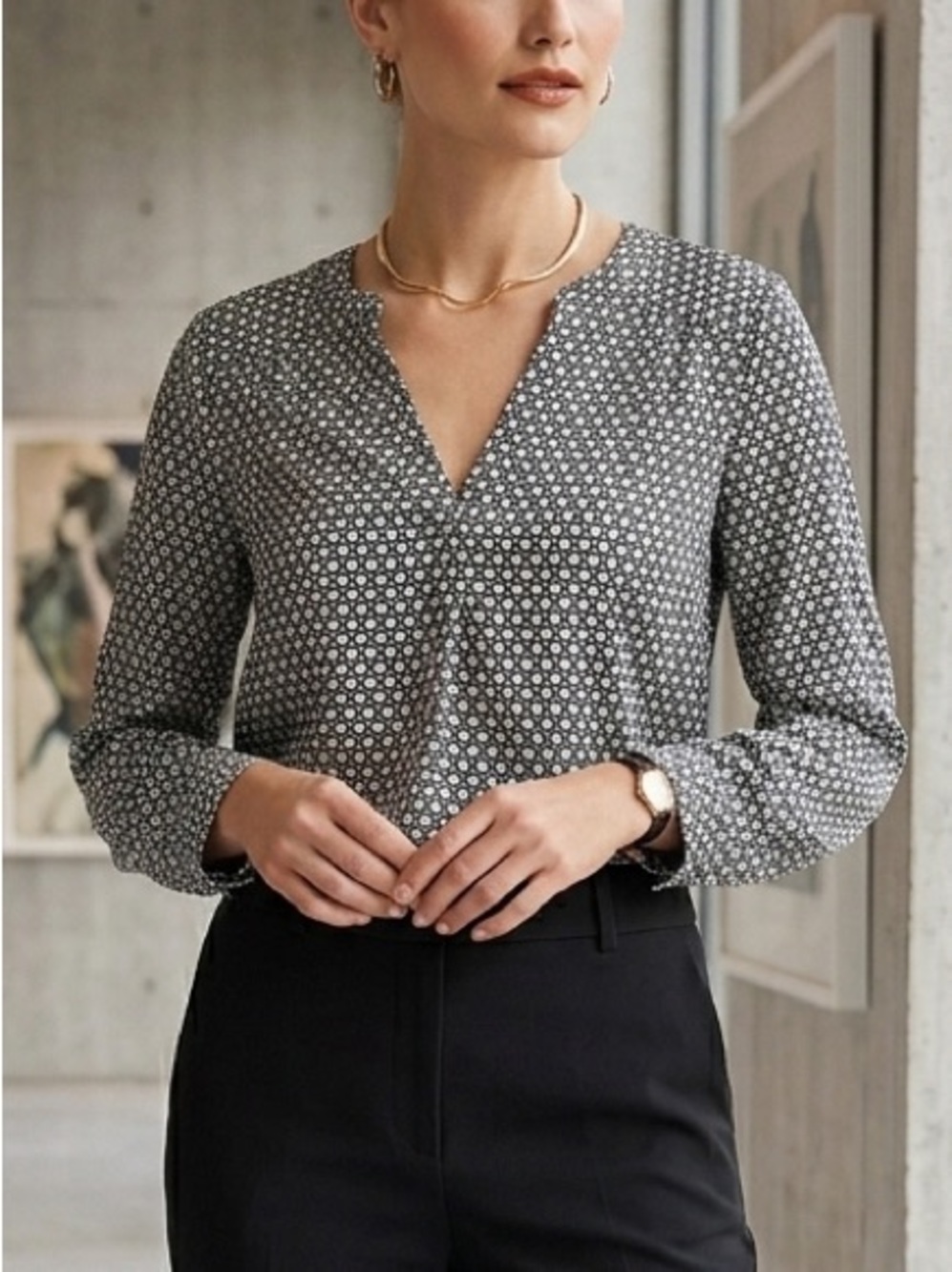 Nine Eight‎ Womens Black White Geometric Honeycomb V-Neck Blouse Small 120931M